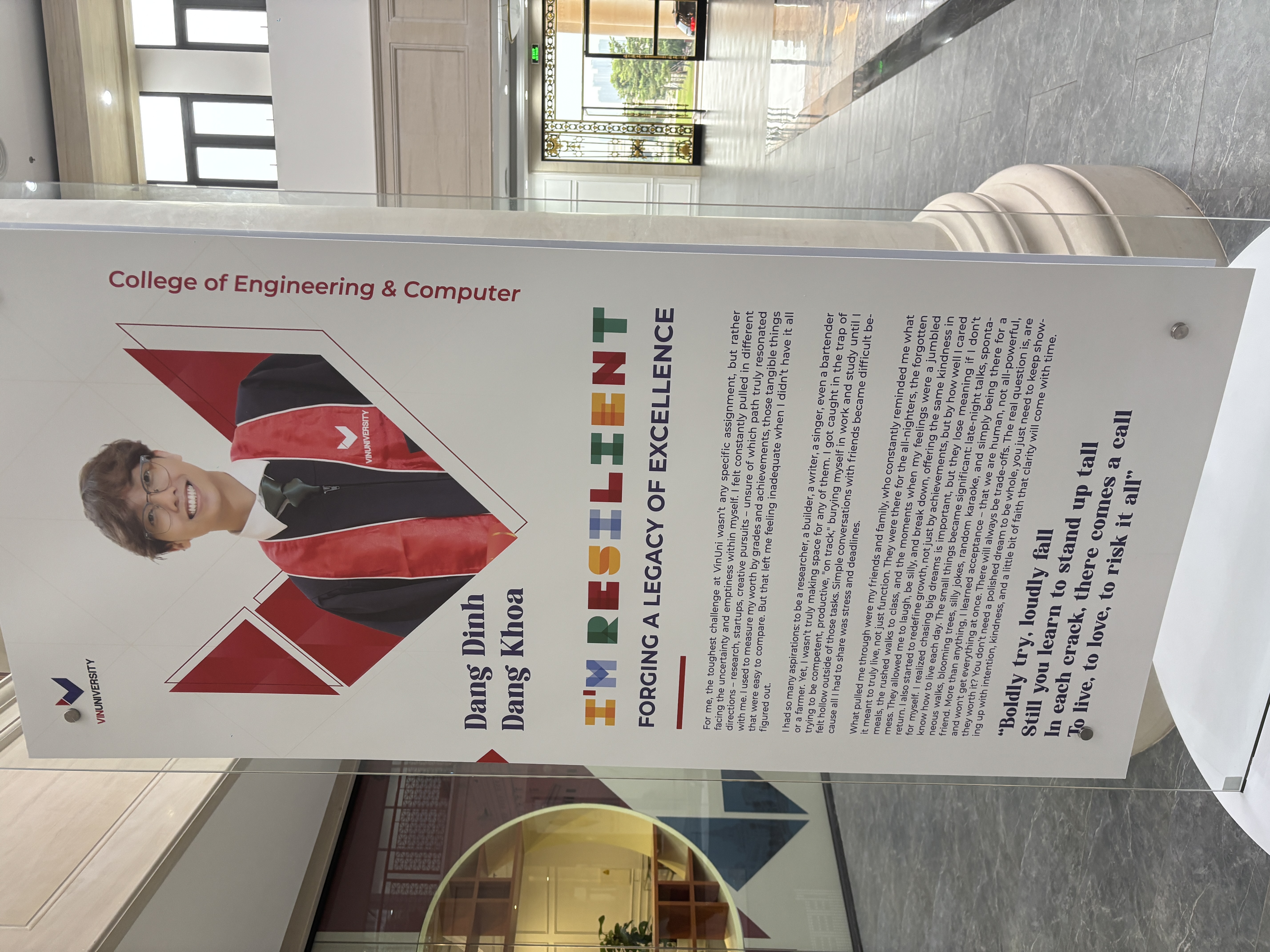 VinUni College of Engineering and Computer Science display board for Dang Khoa with the theme resilient